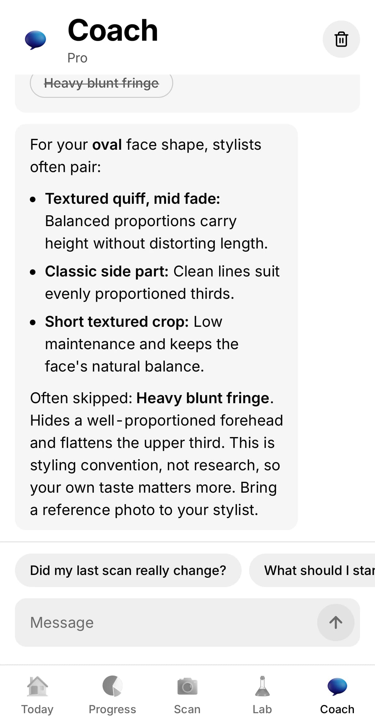 LookFlex coach chat answering which haircuts suit an oval face shape, with styles to try and one to skip, labelled as styling convention rather than research. The example face is AI-generated.