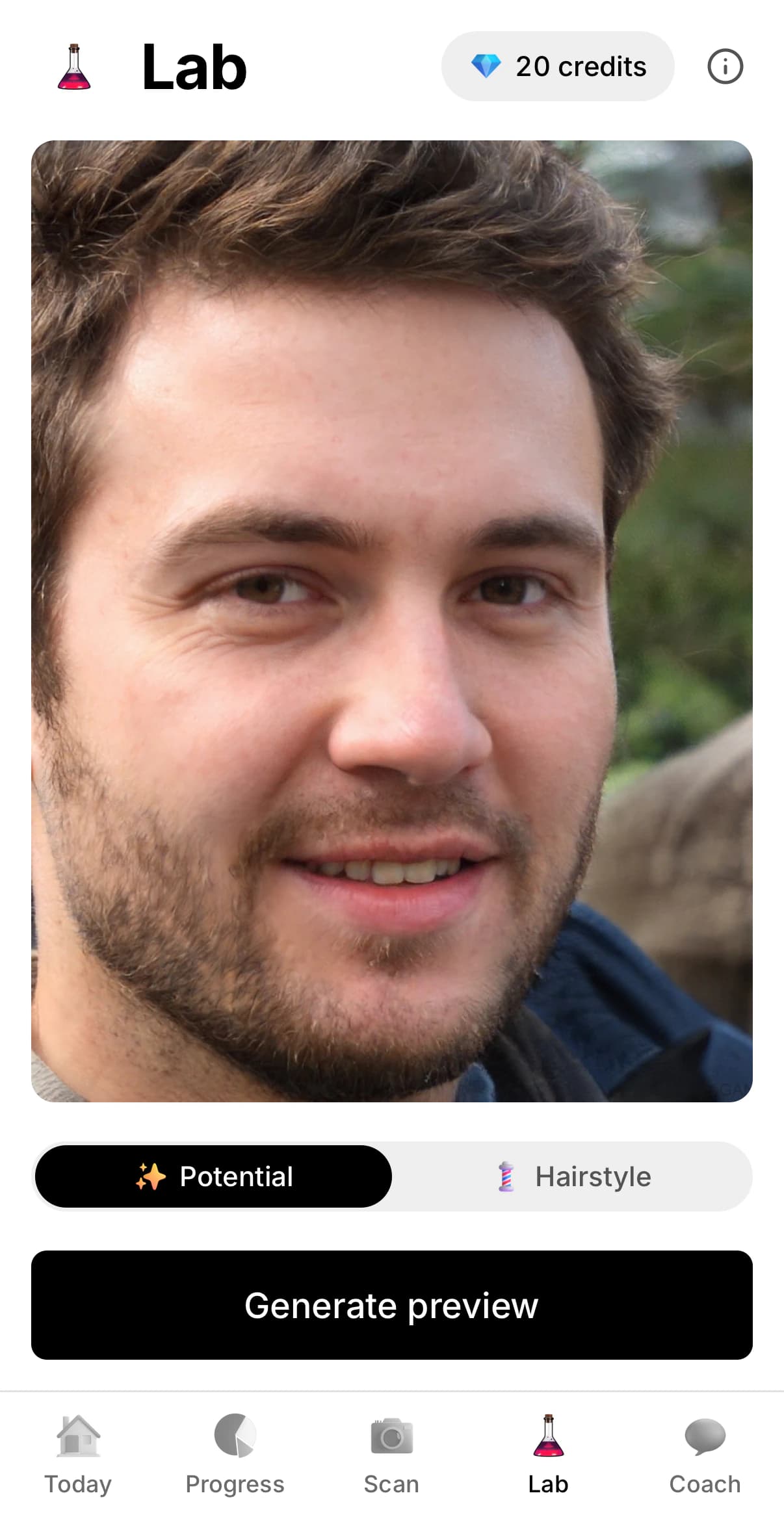 LookFlex Lab screen with a face photo, Potential and Hairstyle modes and a Generate preview button. The example face is AI-generated.